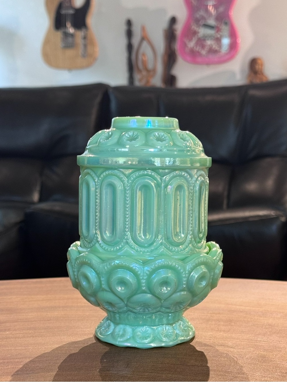 LE SMITH JADEITE CARNIVAL GLASS MOON STARS FAIRY LAMP ( RARE … highly collectib)